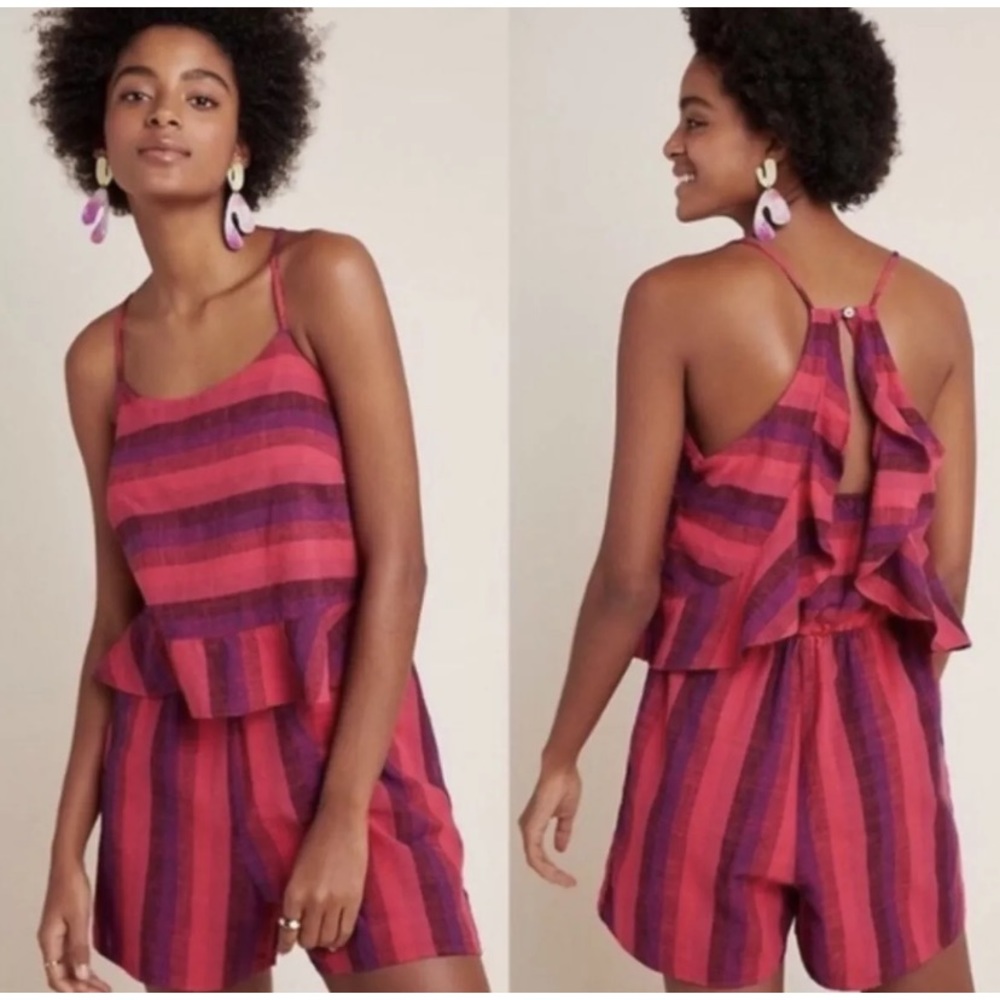 Anthropologie Amadi Melia Romper Pink Linen Ruffle Women's Sz Small Striped Boho